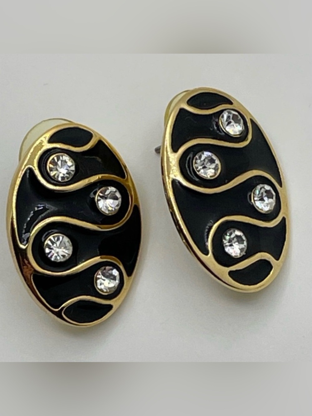 Vintage 80s Statement Earrings Black, Gold and Cubic zirconia Jewelry